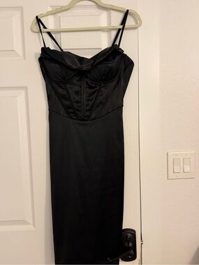 Black Satin Corset Midi Dress - Elegant Strappy Cocktail Dress